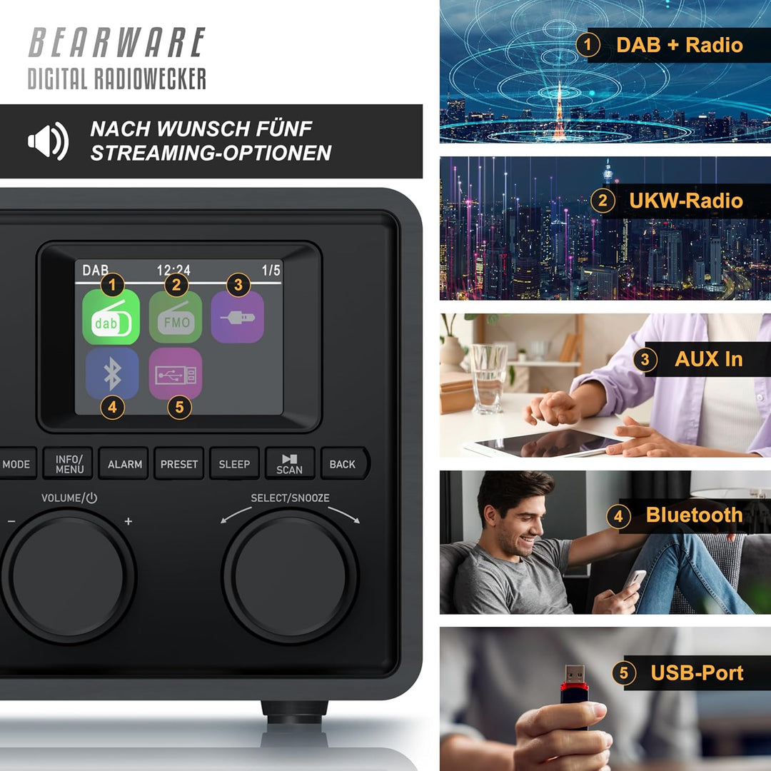 CSL - DAB+ Radio mit TFT Display - Bluetooth DAB Plus Radiowecker – DAB DAB+ FM-Radio – 40 Speicherp