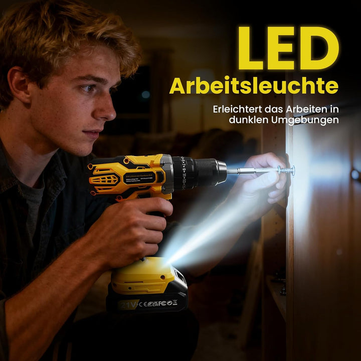 Akkuschrauber, 21V Akku Schlagbohrschrauber, Akkubohrer mit 2 Akkus 2000mAh, 45Nm Akku Bohrmaschine,