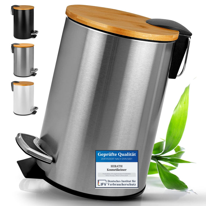 HIBATH® Kosmetikeimer aus Edelstahl mit Bambusdeckel (3 Liter, silber) - Badezimmer Abfalleimer mit