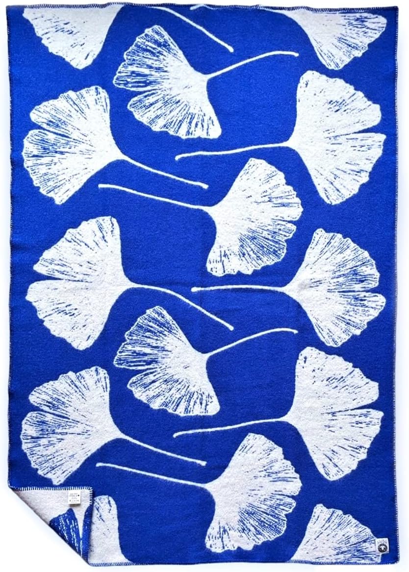 JOWOLLINA Wolldecke Plaid aus Norwegischer Wolle 130x200 cm, Ginkgo Princess Blue Ginkgo Princesss B