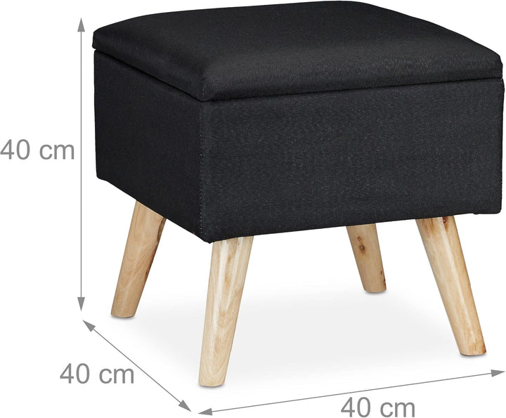 Relaxdays, schwarz Hocker mit Stauraum, Kunstleinen-Bezug, gepolstert, Holzbeine, Fusshocker mit Dec