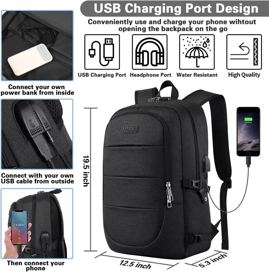 AMBOR Laptop Rucksack Herren, 17,3 Zoll Business Wasserdichter Rucksack Tasche mit USB Port&Schloss