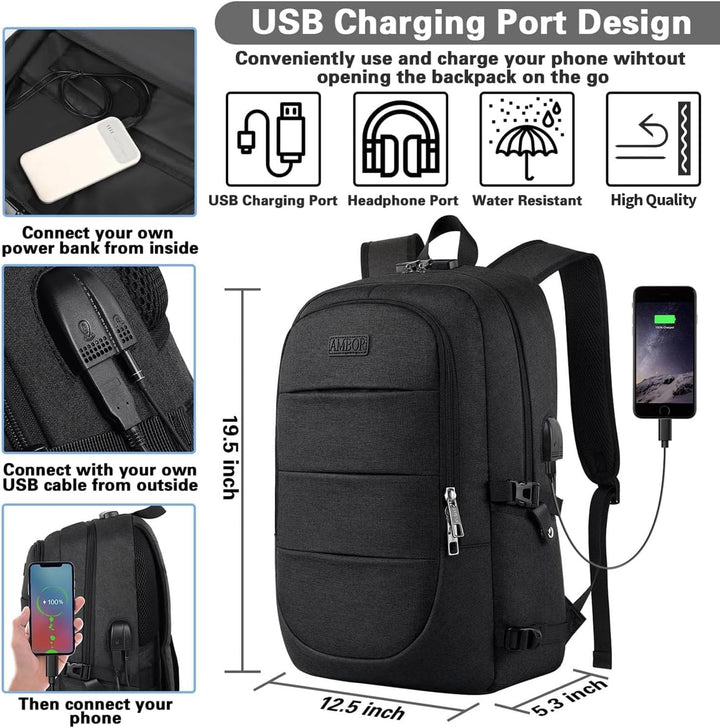 AMBOR Laptop Rucksack Herren, 17,3 Zoll Business Wasserdichter Rucksack Tasche mit USB Port&Schloss