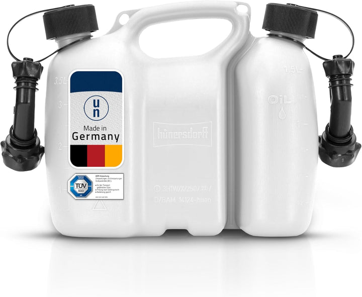 hünersdorff Doppelkanister/Kombikanister für Kraftstoff und Öl mit 2 Ablaufschläuchen, 3+1,5 Liter,