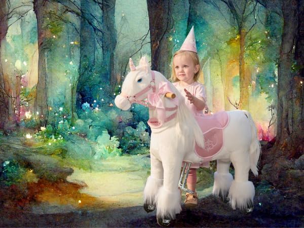 PONNIE Einhorn mit Rollen S (3-6 Jahre), Unicorn zum Reiten mit Abnehmbarer Rosa Sattel und Halfter