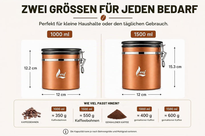 Leaf Kaffeedose luftdicht Edelstahl 1000 ml – hält Kaffee deutlich länger frisch – mit CO₂ Ventil &amp;