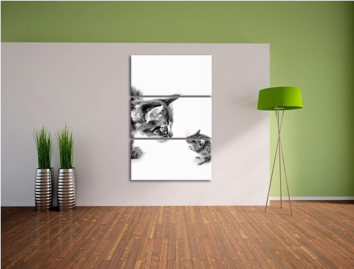 Pixxprint Katze und Maus Freunde als Leinwandbild/Grösse: 3 Teilig (120x80) cm/Wandbild/Kunstdruck/f
