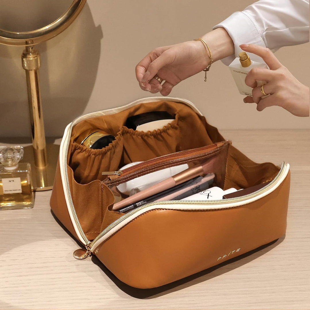 Prite Grosse Kapazität Kosmetiktasche Tragbare Reise Make Up Tasche wasserdichte PU-Leder Schminktas