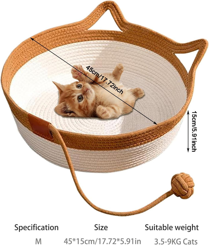 MEISO Katzenbett aus Baumwolle, handgewebt, Korb mit Spielzeugschwanz, faltbar und atmungsaktiv (M),
