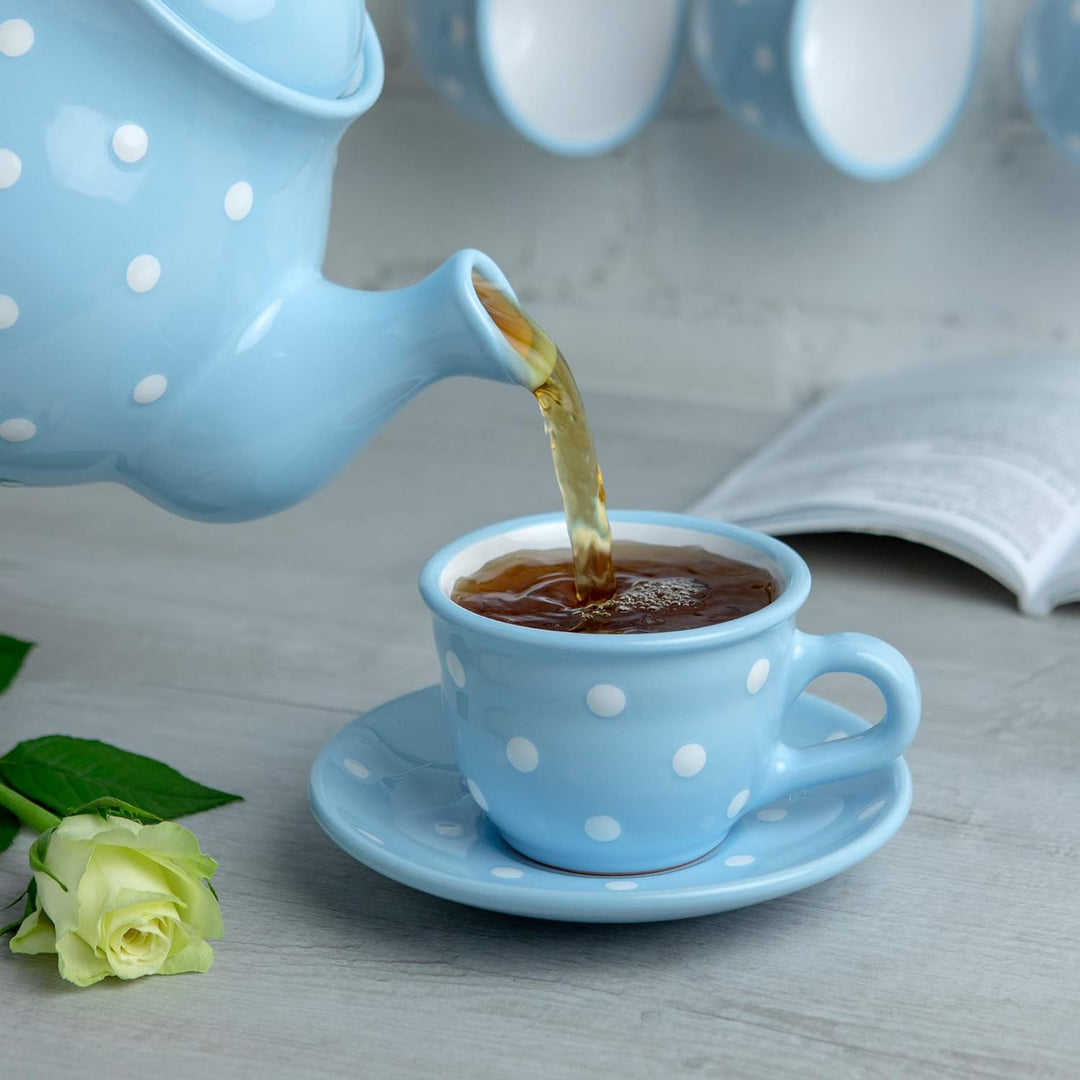 City to Cottage® - Kaffeebecher Teetasse 250 ml | Hellblau und Weiss | Polka Dots | Handgemacht | Ke