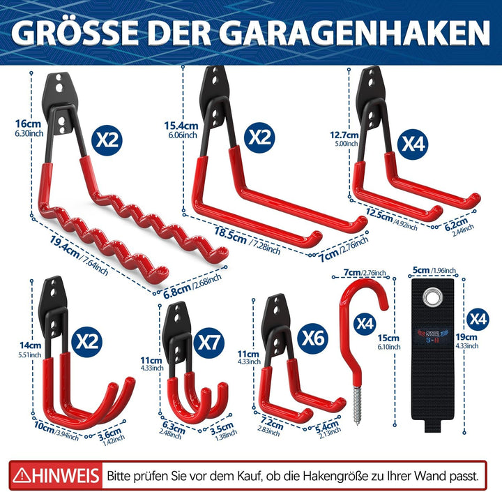 3-H Wandhaken Garage, Gerätehaken Schwerlast Doppelhaken 31 Stück für Leiter, Geräte, Werkzeuge, Sch