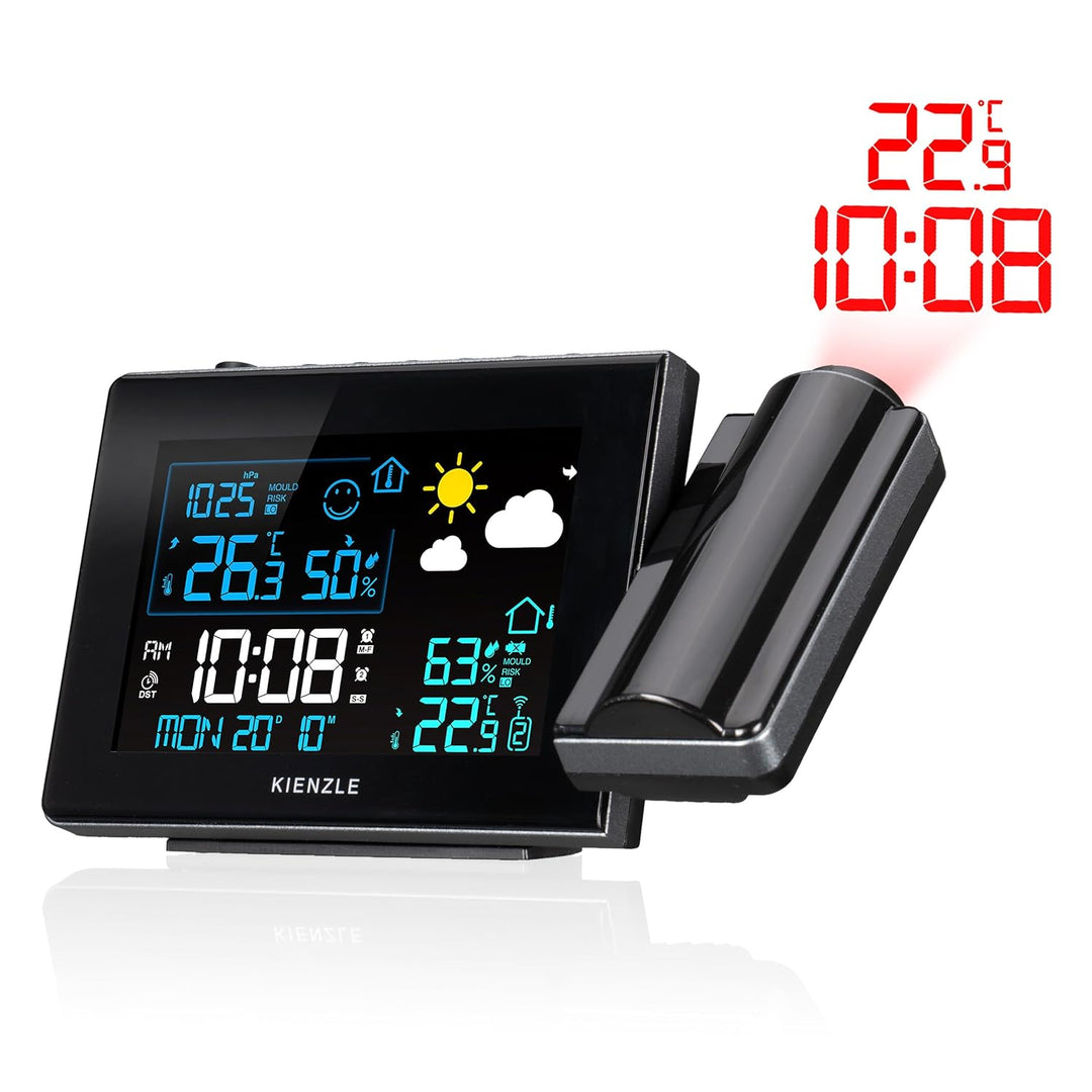 Kienzle Funk-Wetterstation mit Projektion, Farbdisplay, Aussensensor, Schimmelwarnung, 2 Weckzeiten