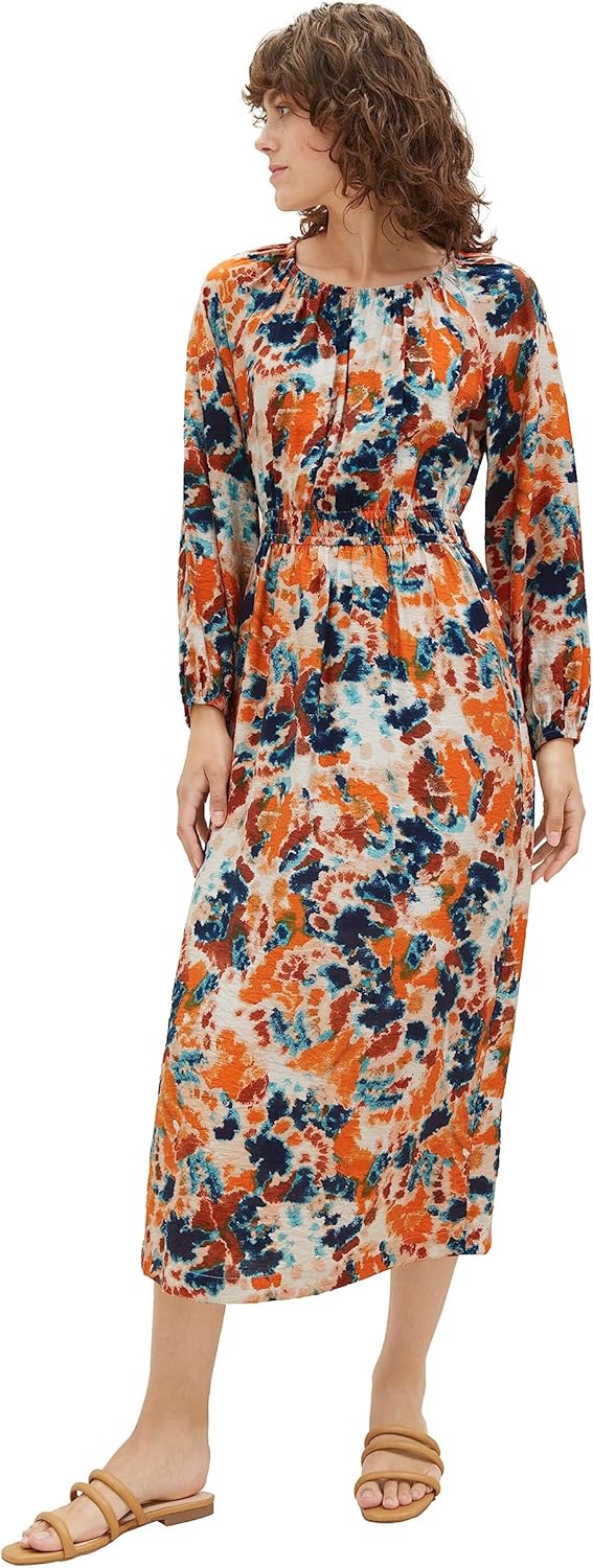 TOM TAILOR Damen Maxikleid mit Raffung 44 32367-grey Orange Tie Dye Floral, 44 32367-grey Orange Tie