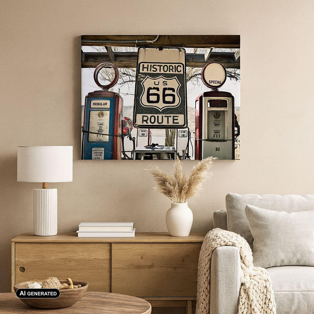Bilder auf Leinwand 100x70cm Leinwandbild mit Rahmen Strasse alt 66 USA Gross Wanddeko Bild Schlafzi