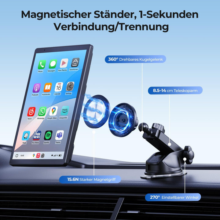 8'' Tragbares Carplay Display für Apple CarPlay & Android Auto, 1440x900 HD Display, Magnetische Hal