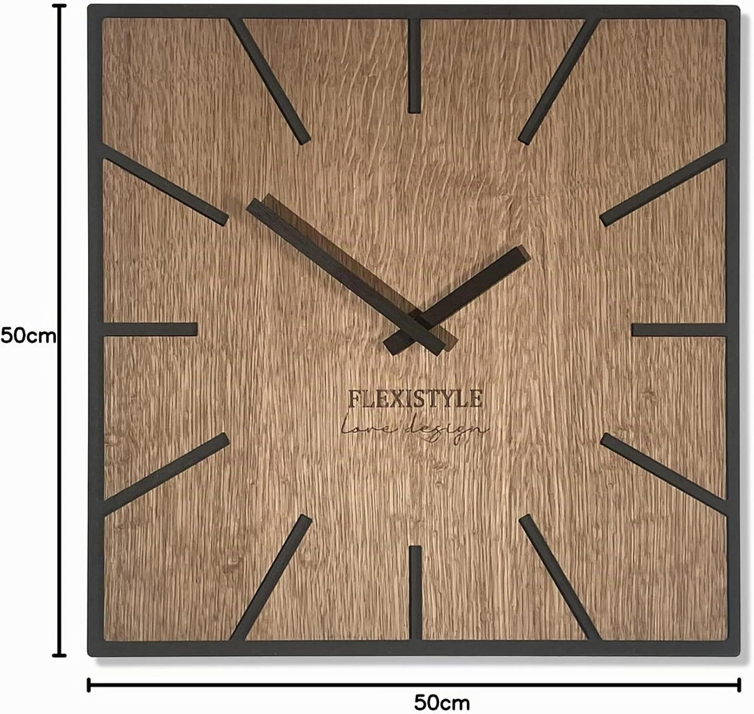 FLEXISTYLE Moderne quadratisch grosse WanduhrHolz ECO 40cm, Stille, Holzoptik, Eiche, Wohnzimmer, Sc