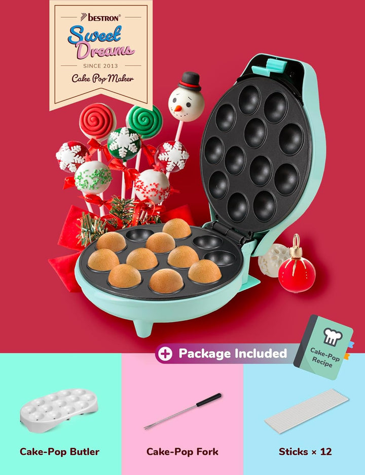 Bestron Cake-Pop-Maker im Retro Design, inklusive Cake-Pop-Butler, Gabel & 12 Cake-Pop-Sticks, mit A