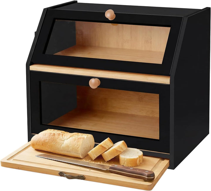 HUOLE Brotkasten Bambus 2 Etagen Brotkasten Küchenorganizer Brotkasten Holz Brotkasten mit Sichtfens