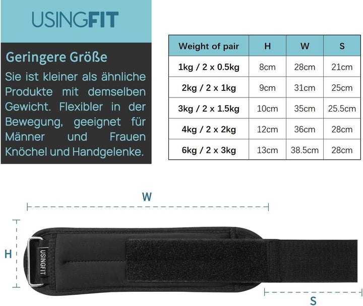USINGFIT gewichtsmanschetten fuss gewichte für beine und arme 2 * 0,5Kg / 2 * 1Kg / 2 * 1,5Kg / 2 *