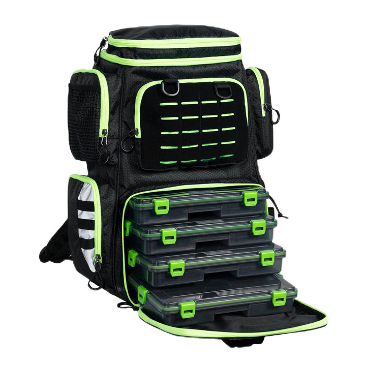 FEIWOOD GEAR Angelausrüstungs-Rucksack mit 4 Angelboxen, grosser Stauraum – widerstandsfähiger Angel