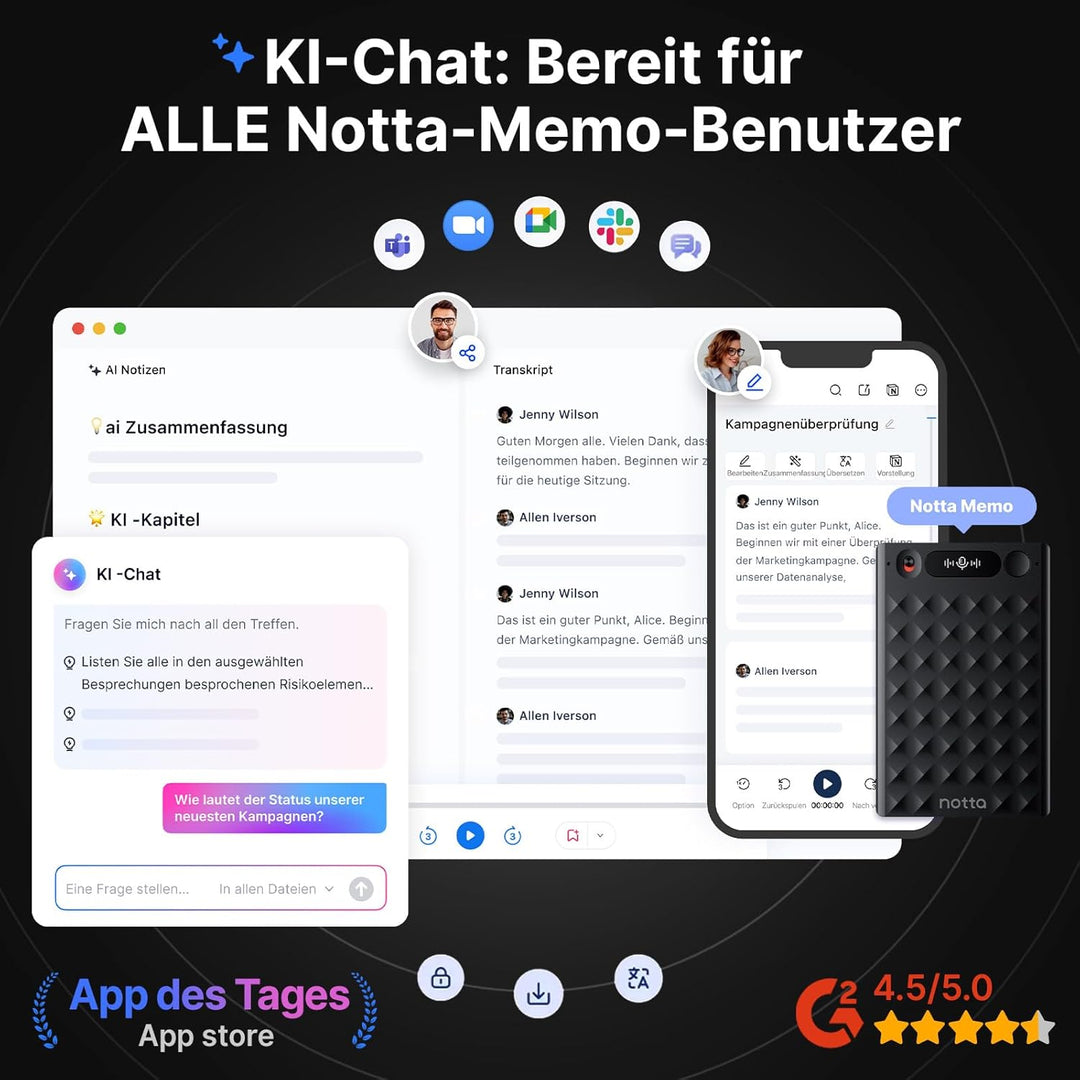 KI-Sprachrecorder, Notta Memo Digitales Diktiergerät(Schwarz), inkl. Memo MagBridge, KI-Transkriptio