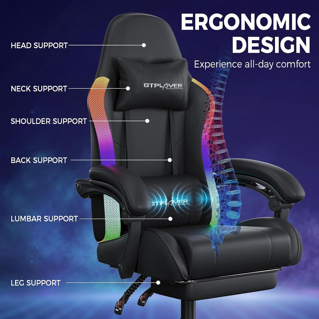 GTPLAYER Gaming Stuhl, Bürostuhl, Gaming Chair mit LED Lichtleiste und Massgefunktion, Gamer Stuhl,
