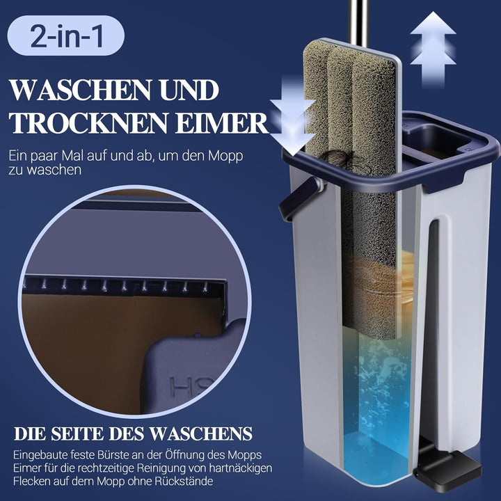 MASTERTOP Wischmopp Set mit Eimer, Bodenwischer Flachmopp mit Edelstahlgriff und 3 Mikrofaser Moppko