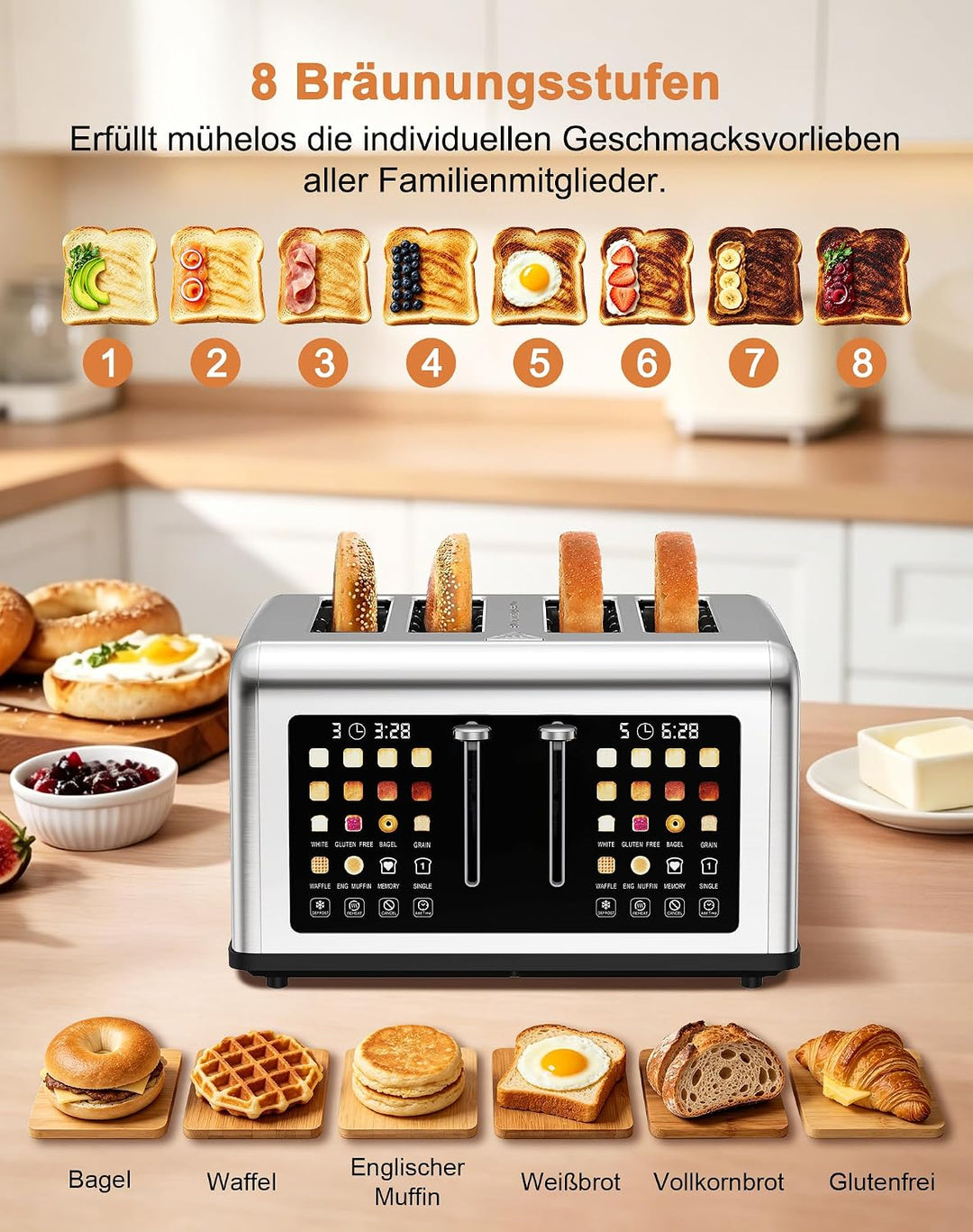 Toaster 4 Scheiben, Toaster Edelstahl mit Touchscreen, 8 Bräunungsstufen, Auftauen & Aufwärmen Funkt