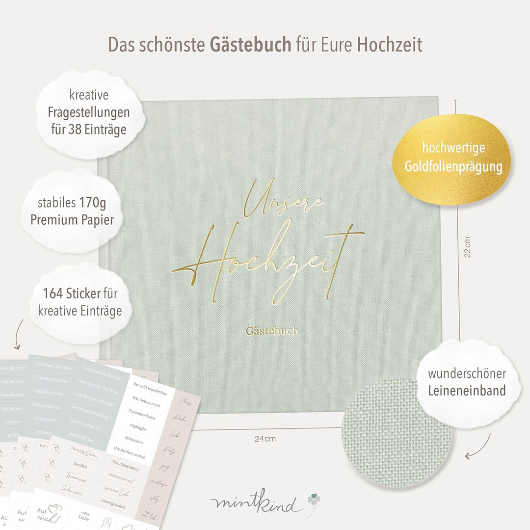 mintkind® Gästebuch Hochzeit Salbei - Hochzeitsbuch mit Fragen, 84 Seiten zum Ausfüllen &amp; Gestalten,