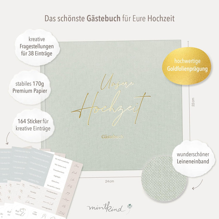 mintkind® Gästebuch Hochzeit Salbei - Hochzeitsbuch mit Fragen, 84 Seiten zum Ausfüllen &amp; Gestalten,