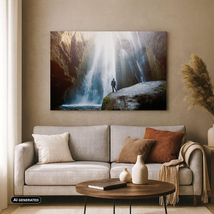 Bilder auf Leinwand 100x70cm Leinwandbild mit Rahmen Berg Wasserfall Gross Wanddeko Bild Schlafzimme