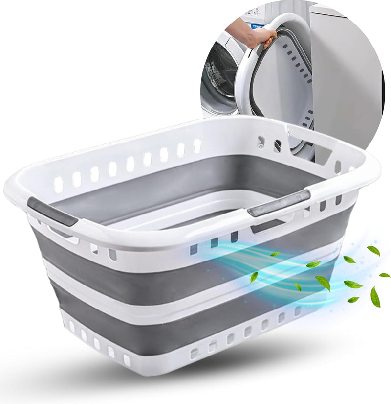 Suleno® Faltkorb 45L – Faltbarer Wäschekorb grau weiss 3 Griffe – Einkaufskorb Camping Picknick – St