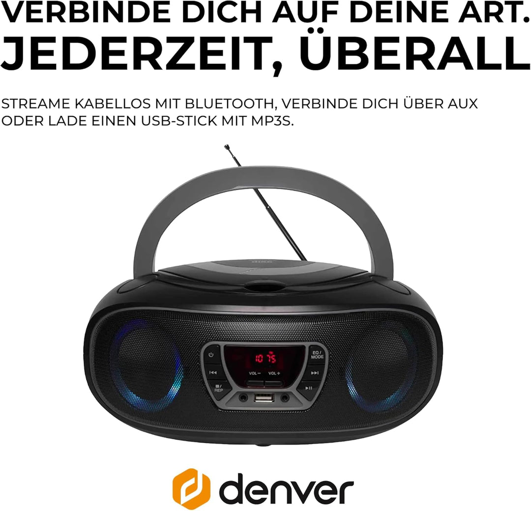 DENVER TCL-212BT Bluetooth Boombox mit Top-Loading CD-Player, USB MP3-Wiedergabe, FM-Radio, AUX und