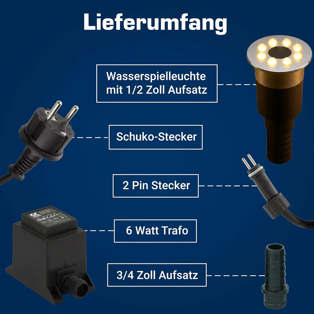 Wasserspielleuchte warmweiss, inkl. Trafo, 0,6 Watt, IP68, 12V, 103 LUX, 650 cm Kabel, 8 LED, LED Ri