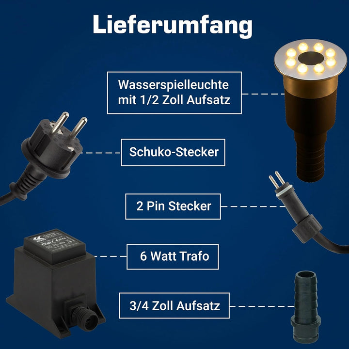 Wasserspielleuchte warmweiss, inkl. Trafo, 0,6 Watt, IP68, 12V, 103 LUX, 650 cm Kabel, 8 LED, LED Ri