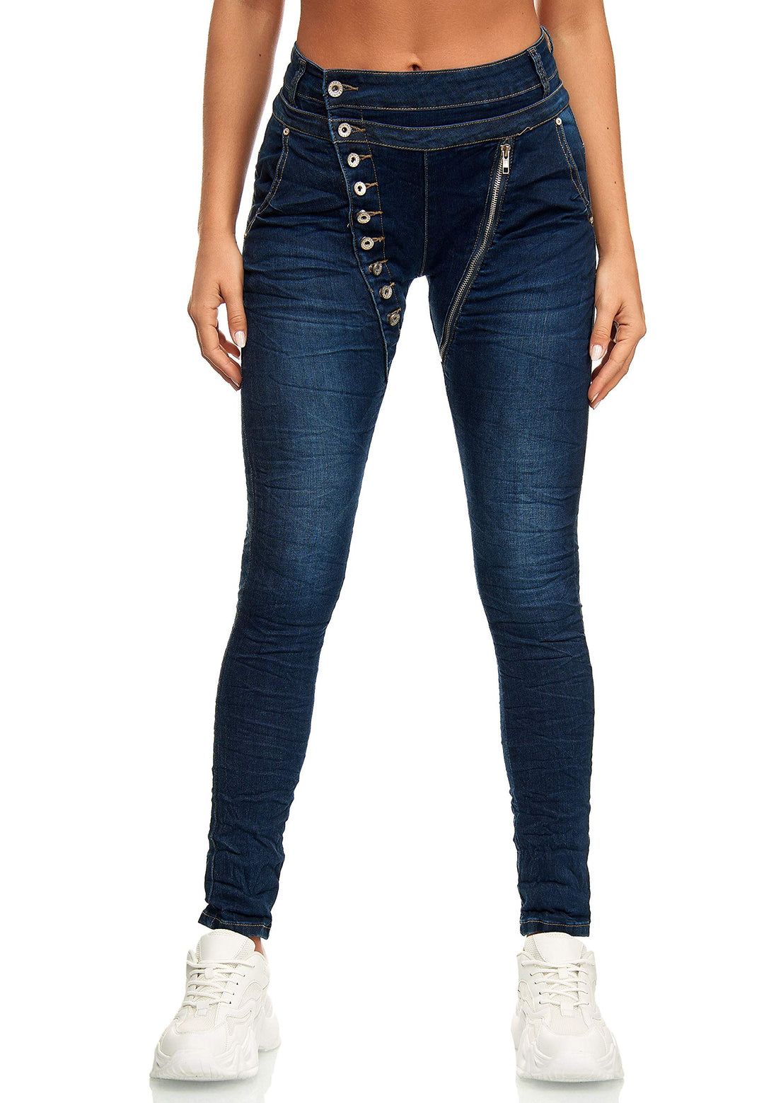 Elara Damen Jeans Boyfriend Knopfleiste Chunkyrayan, Dunkelblau New York