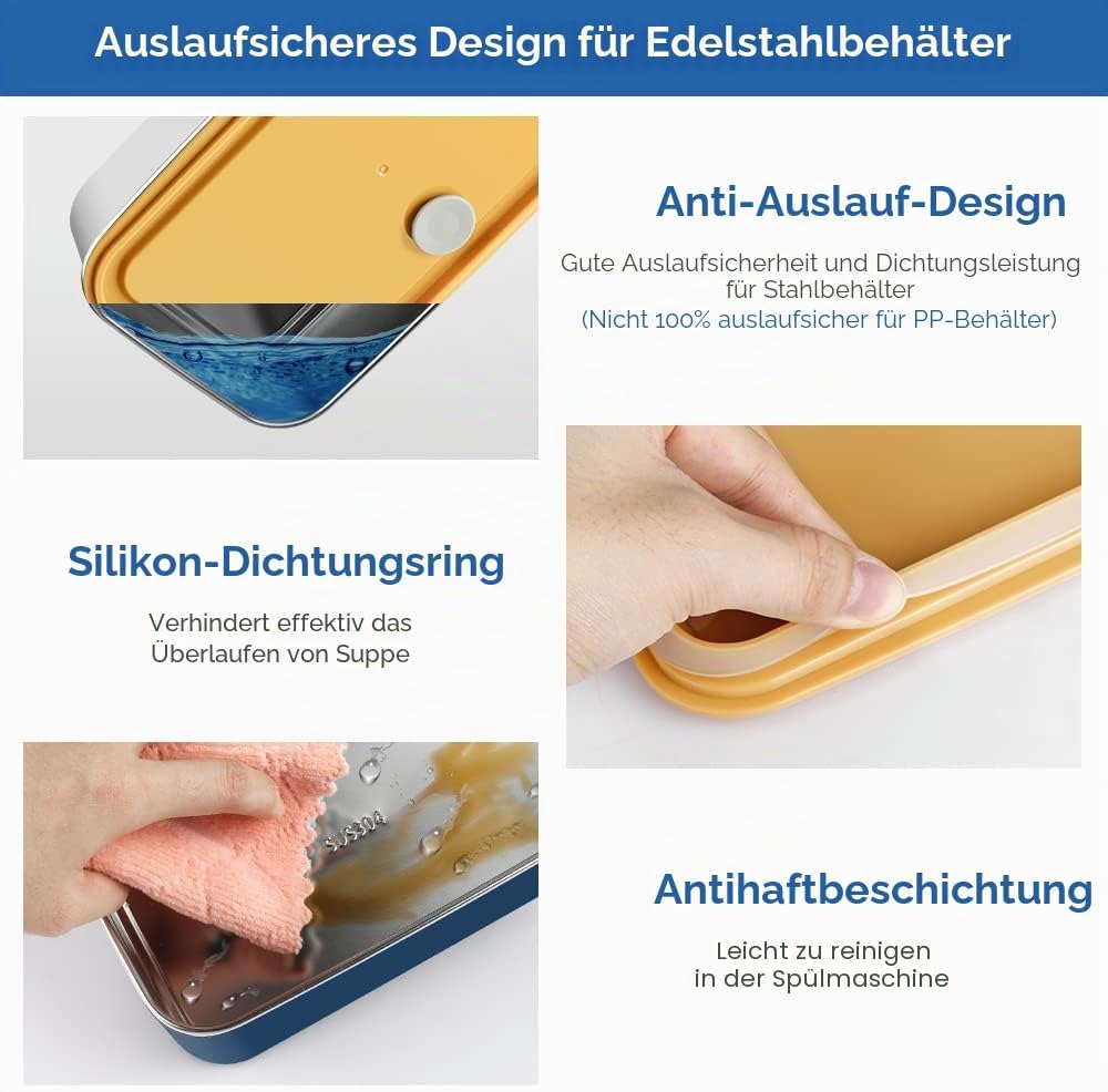 Bento Box, Lunchbox Brotdose mit Fächern 2 Ebenen mit 2 Stück Umweltfreundlichen PP & Edelstahlbehäl
