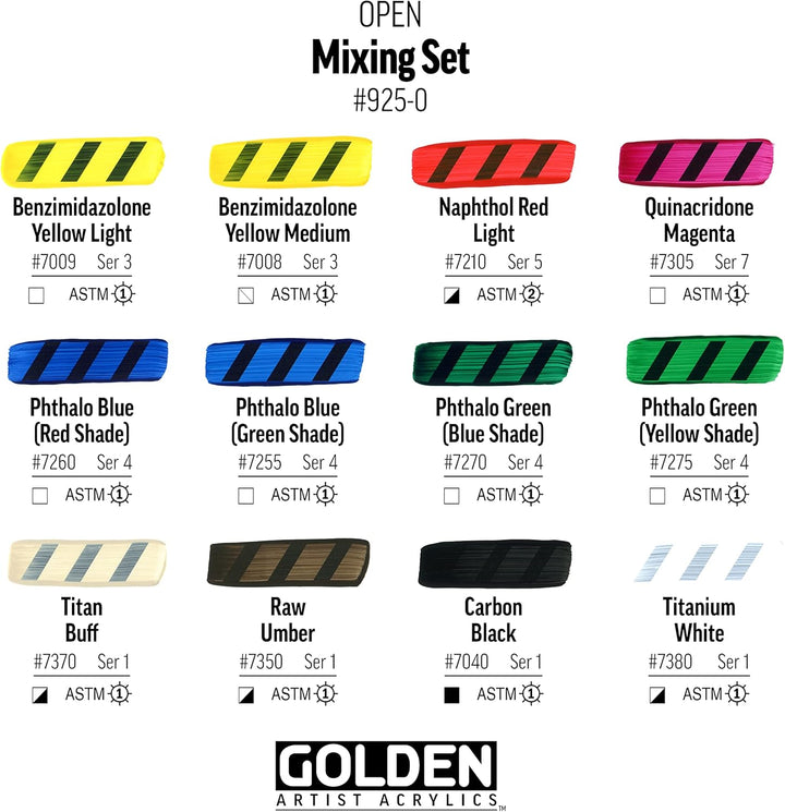 Golden Artist Colors, Open 0000925-0 langsam trocknende Acrylfarben, 12-Farben-Mischset, 0000925-0
