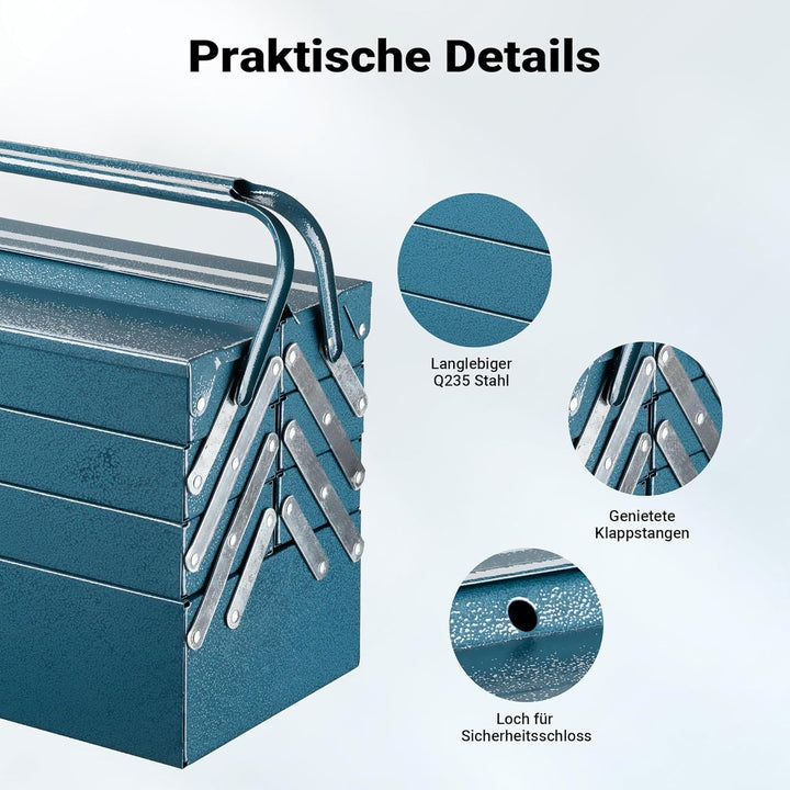 Wiltec Werkzeugkiste 530x200x250mm aus Stahl mit 7 Fächern, beständiger Werkzeugkasten mit Handgriff