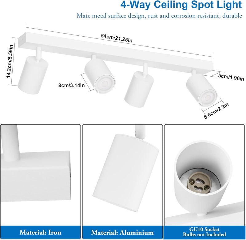 Klighten Deckenstrahler 4 Flammig Weiss, GU10 Deckenleuchte Strahler Schwenkbar, Spotleuchte Drehbar