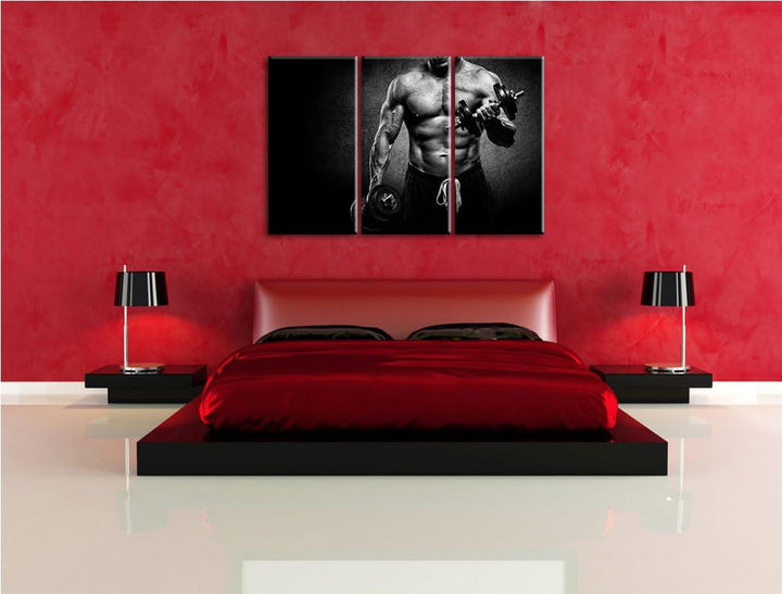 Dark Trainierender Bodybuilder schwarz/weiss 3-Teiler Leinwandbild 120x80 Bild auf Leinwand, XXL rie