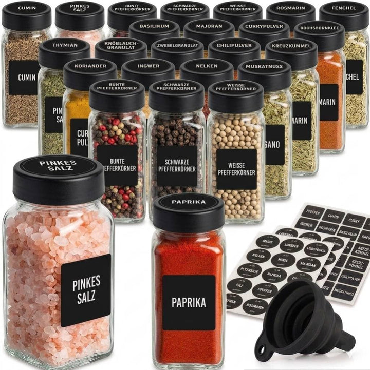 ZEBEN® Gewürzgläser 120ml Set 25 Stück mit Etiketten, Leere Gewürzdosen mit Deckel, Trichter & Reini