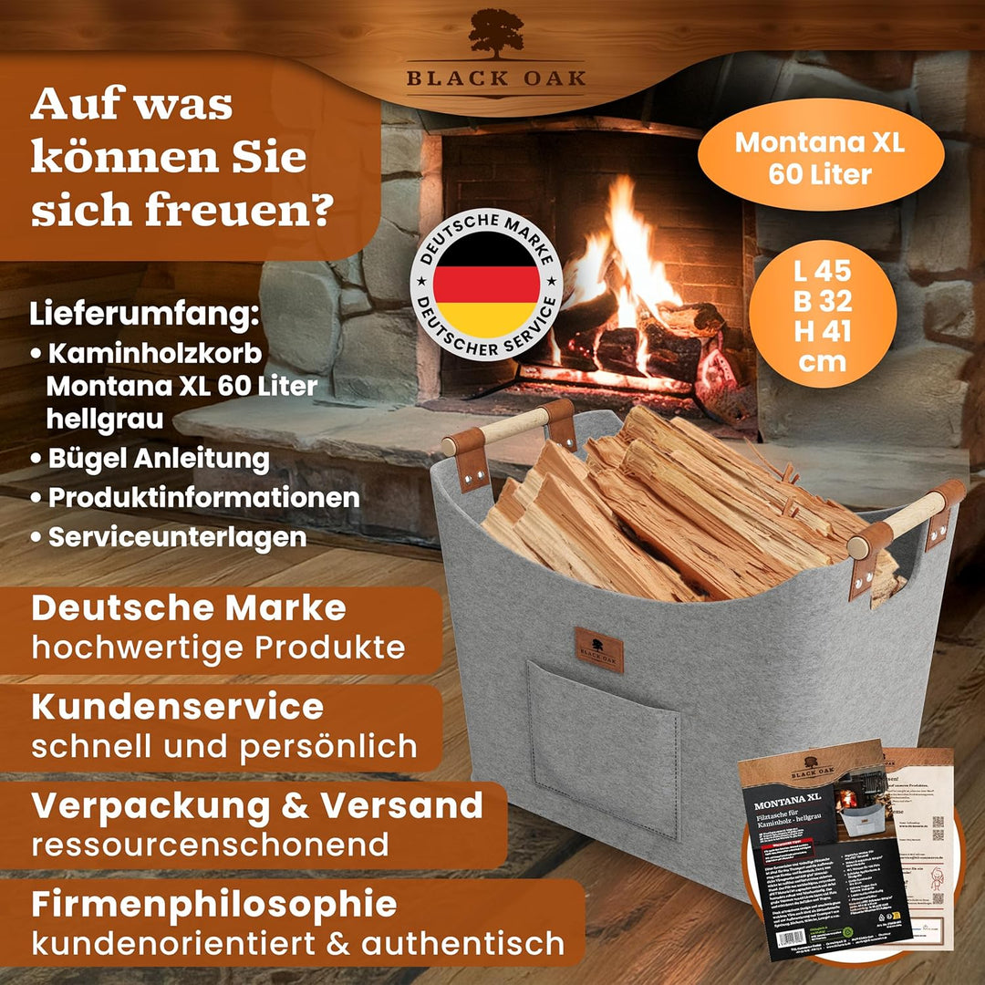 BLACK OAK Montana XL 60L Filzkorb &amp; Holzkorb für Kaminholz - Leder Applikation + rutschfeste Griffe