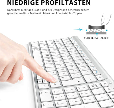 iClever Kabellos Tastatur, BK10 Bluetooth Tastatur Mac mit 3 Bluetooth Kanälen, Ultraslim wiederaufl