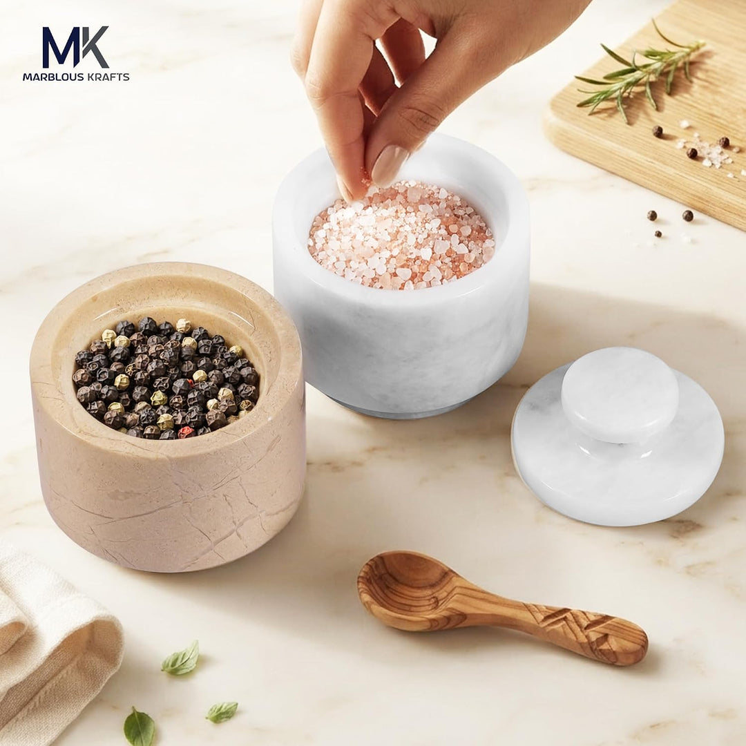 MARBLOUS KRAFTS Marmor-Salzkeller mit Deckel, 7,6 cm, Weiss und Verona Salzhalter, ideale Zucker-, S