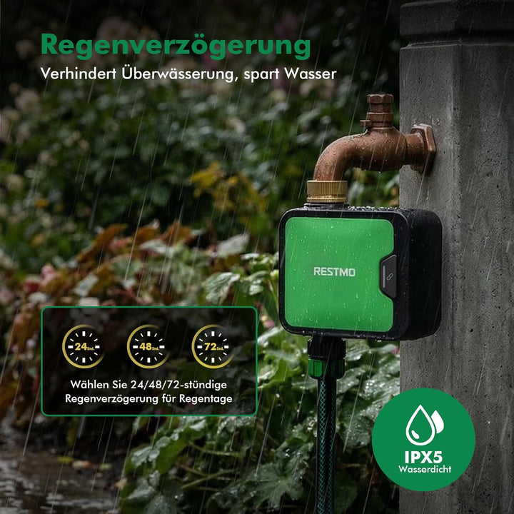 RESTMO 1 Zone Bewässerungscomputer WLAN + RF Hub mit Durchflussmesser, Automatische Garten Bewässeru