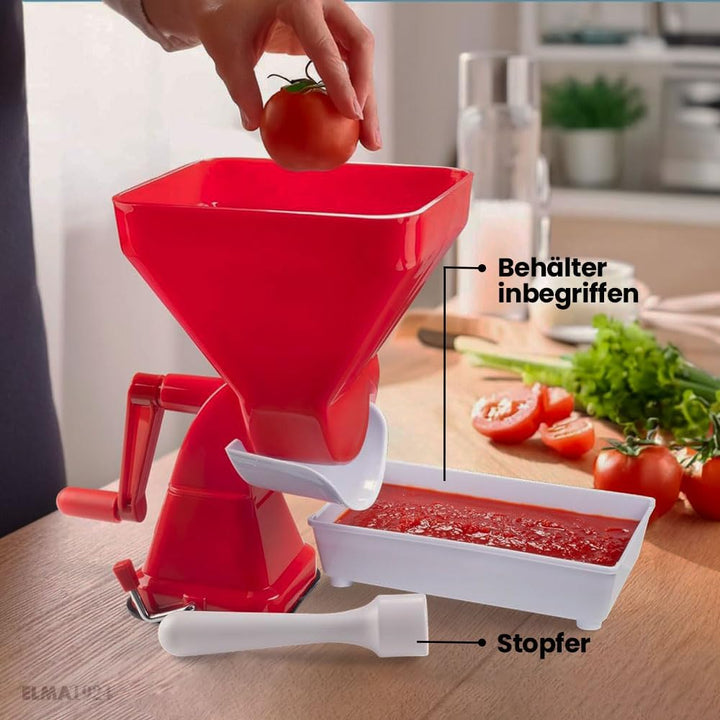 Elma Manueller Tomatenzerkleinerer Modell 24.99.1, Kunststoff-Tomatenmaschine mit rotem Edelstahlfil