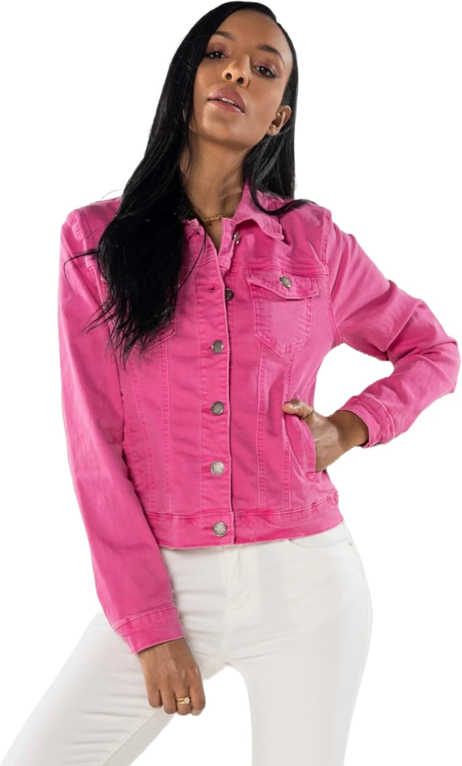 Nina Carter J212 Damen Slim-Fit Jeansjacke – Farbige Übergangsjacke mit Kent-Kragen und Taschen – Fr