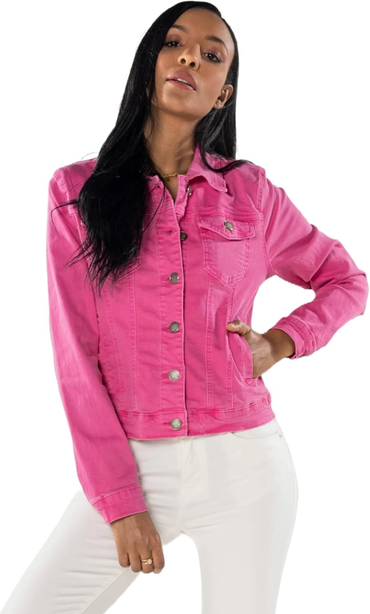 Nina Carter J212 Damen Slim-Fit Jeansjacke – Farbige Übergangsjacke mit Kent-Kragen und Taschen – Fr