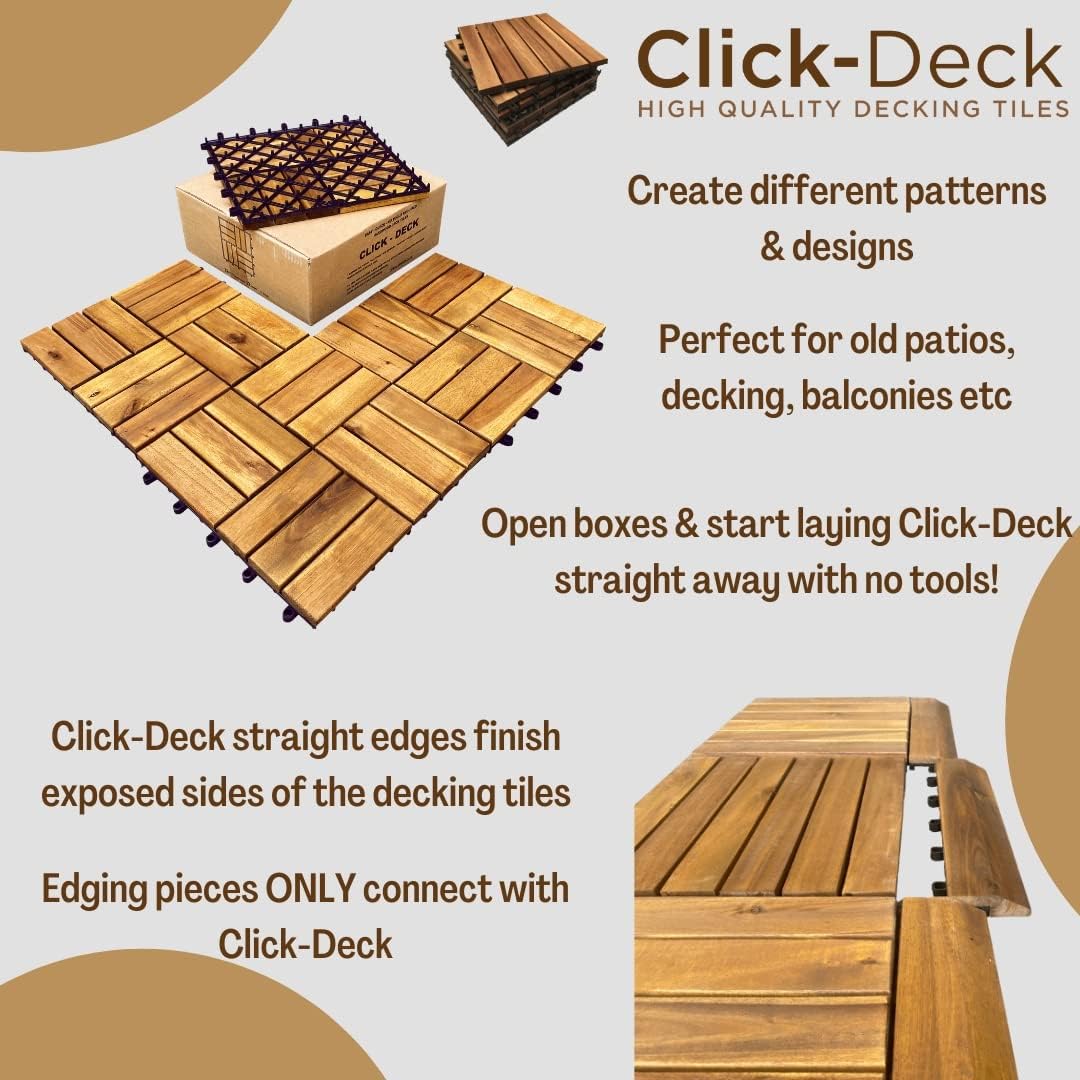 CLICK-DECK 12 Lamellen Hartholz-Terrassenfliesen – Terrasse, Balkon, Dachterrasse, Whirlpool, Deckfl